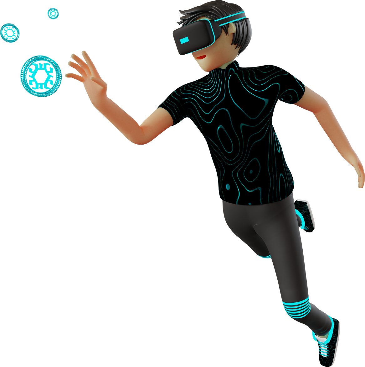 man character with crypto coin on metaverse 3d illustration