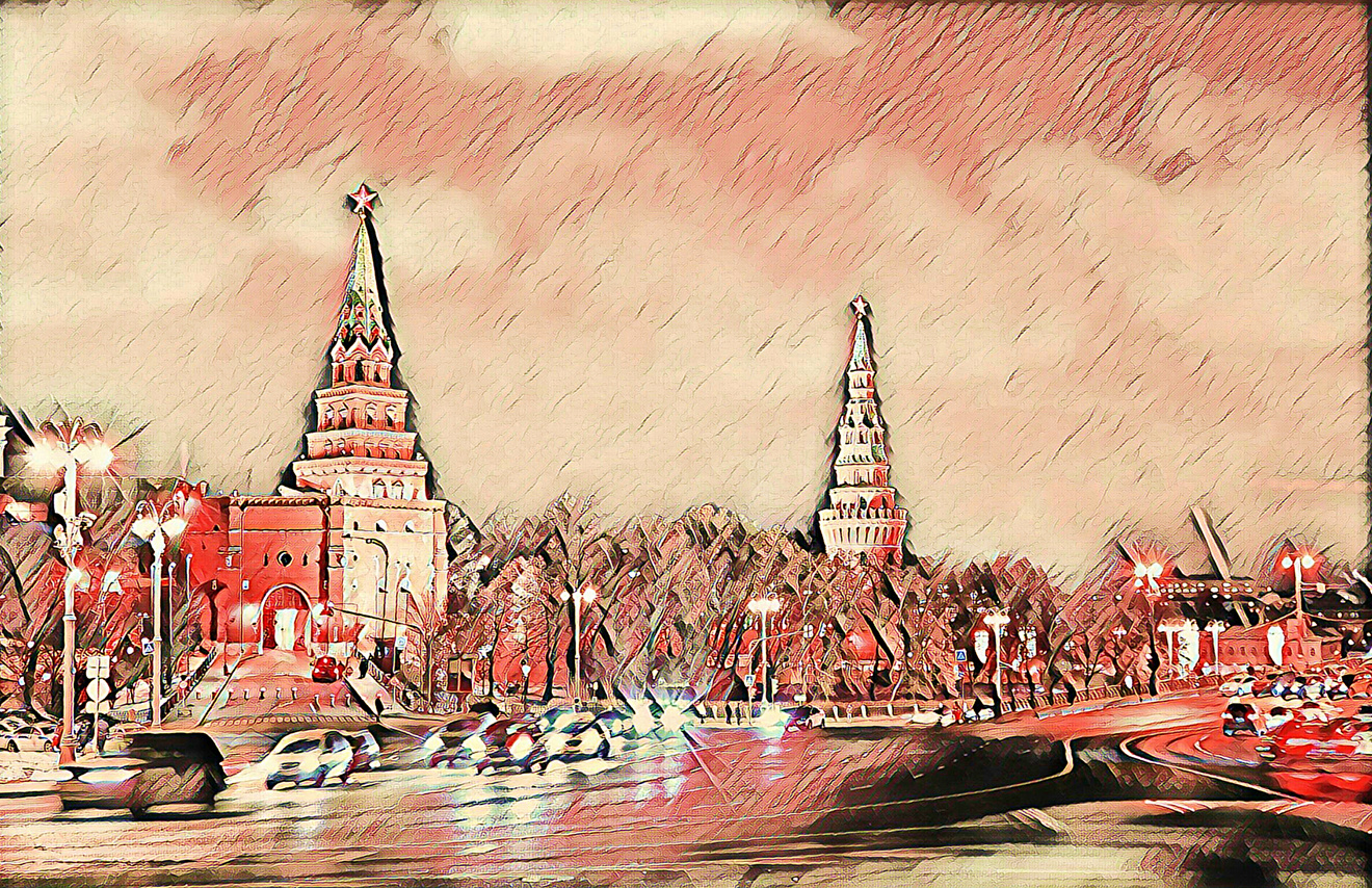 Computer paintng of downtown district of Moscow tonight with a view Kremlin